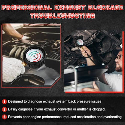 Pressure Tester Kit - Catalytic Converter Clog Diagnostic Tool with 2.5 PSI/Bar Gauge, 6FT Hose, M 12 / M 18 Adapters & ABS Case for Automotive Repair