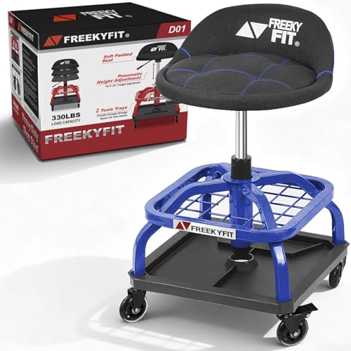 Rolling Shop Stool with Wheels, Garage Work Mechanic Stool with Backrest, Roller Mechanic Chair, Adjustable Height, 360° Swivel, Tool Tray Storage, 330 LBS Capacity, Heavy Duty, Blue - color: Blue