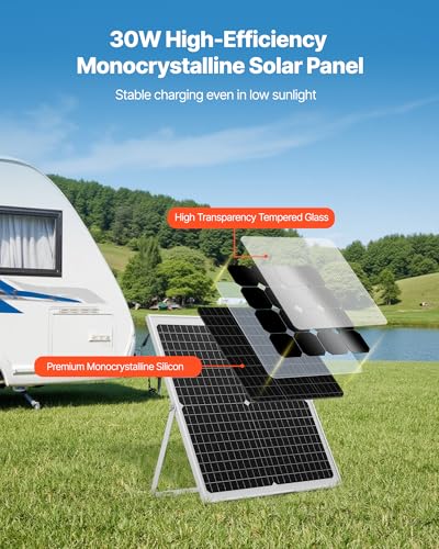 VEVOR 30W 12V Solar Panel Battery Charger, Solar Battery Trickle Charger Maintainer with Intelligent MPPT Controller & Adjustable Mount Bracket, IP67 Waterproof for Car Boat RV Motorcycle Trailer - style: 30W