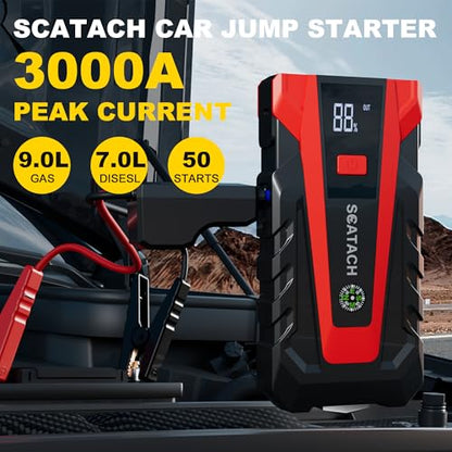 Scatach 3000A Car Battery Jump Starter,12V Jump Starter Battery Pack Portable (up to 9.0L Gasoline and 7.0L Diesel Engine), Jump Box with 3 Modes Flashlight and Jumper Cables - color: red