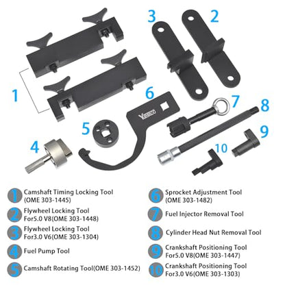 Camshaft Alignment Tool Kit with Fuel Pump, Fuel Injector Remover Tool | Compatible with Land Rover Jaguar Discovery 4 Range Rover Sport V8 5.0L V6 3.0L Engine, 303-1445, 303-1448, 303-1452