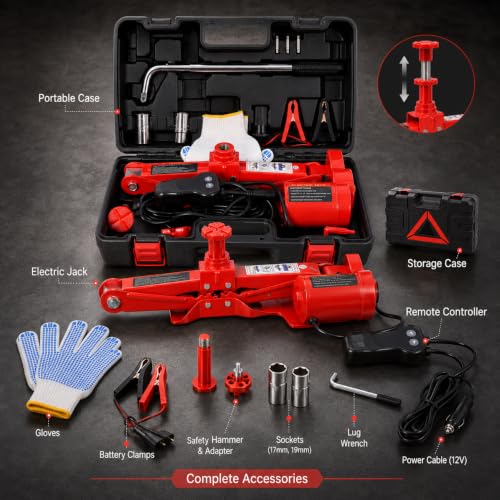 Steel 3 Ton Electric Car Jack Kit, Portable 12v Electric Scissor Jack Featuring Lug Wrench, Safety Stop, and Case, Emergency Tire Changing Tool Kit for Sedan SUV Tire Replacement (Red)