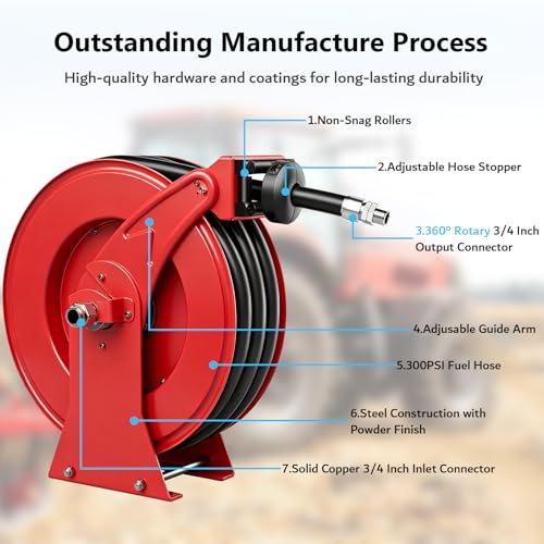 3/4" x 33ft Fuel Hose Reel, Extra Thick Steel, 300PSI Diesel Fuel Transfer Hose, 3/4 Inch Retractable Hose Reel with Fuel Nozzle Working with Pump & Tank - color: Red, size: 3/4" x 33ft