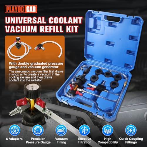 PLAYOCCAR Coolant Vacuum Refill Kit Universal with Pressure Gauge & 7 Adapters | For Automotive Cooling System, Includes Hoses, Radiator Pressure Tester, Works on All Vehicles