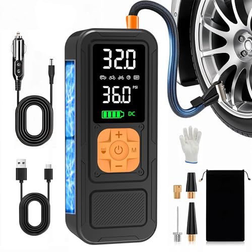Y34 Tire Inflator Portable Air Compressor,4X Faster Inflation,6000mAh Cordless/12V DC 150PSI Air Pump for Car Tires with Digital Pressure Gauge/LED Light for Car,Motorcycle,Bike,Ball - color: Orange, size: 6000mAh