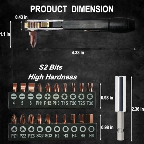 Mini Ratchet Screwdriver Set,Right Angle Screwdriver,Short Offset Screwdrivers with Phillips, Flat, Torx, Hex, Square,Pozidriv S2-Alloy Steel Bits (36-Teeth)