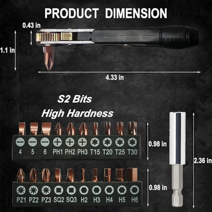 Mini Ratchet Screwdriver Set,Right Angle Screwdriver,Short Offset Screwdrivers with Phillips, Flat, Torx, Hex, Square,Pozidriv S2-Alloy Steel Bits (36-Teeth)