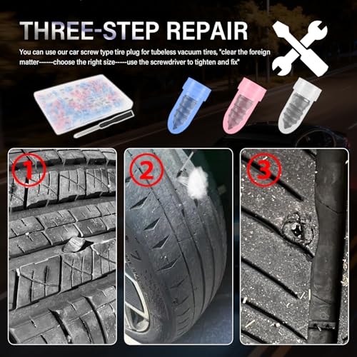 100PCS Car Screw in Tire Plug Kit with Screwdriver,3 Sizes of Car Screw Tire Plugs as Tires Repair Kit for Repair Work,Self-Service Tubeless Tires Repairs Screws Kits