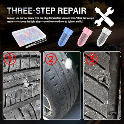 100PCS Car Screw in Tire Plug Kit with Screwdriver,3 Sizes of Car Screw Tire Plugs as Tires Repair Kit for Repair Work,Self-Service Tubeless Tires Repairs Screws Kits