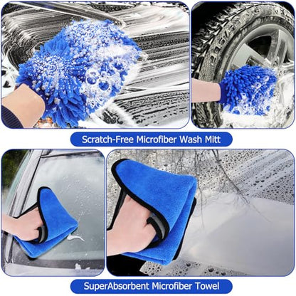 Car Wash Mop Set, Max 66" Car Wash Brush, for RV, SUV, Truck Cleaning Mop | 15° Curved Extension Pole, Includes Replacement Brush Heads, Towels, and Car Wash Gloves—Soft Car Wash Mop Cleaning Tool Set