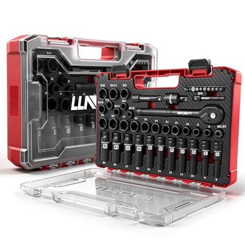 LLNDEI 3/8" Drive Impact Socket Set (Metric & Sae) 45Pcs | Transparent Case and EVA Foam Insert, Cr-V Material, Automotive Engine and Daily Home Repair, Engine Repair, Tire Changes