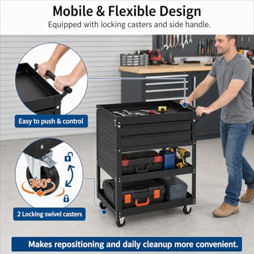 Garvee 30 Inch Rolling Tool Cart on Wheels, 3 Tier Steel Utility Tool Cabinet with 2 Drawer and Casters, Heavy Duty Tool Chest for Garage, Warehouse and Workshop