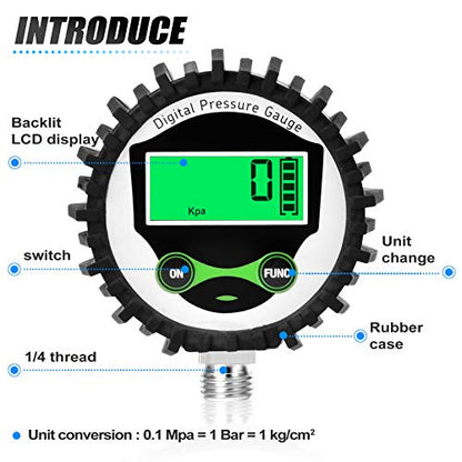 MEANLIN MEASURE 0-300Psi Digital Pressure Gauge with Rubber Cover, Lower Mount, Accuracy 1%, Resolution 0.1psi, with 1/4" x 1/2" and 1/4" x 3/8" NPT Hex Bushing - size: 0 - 300 PSI, style: Lower Mount