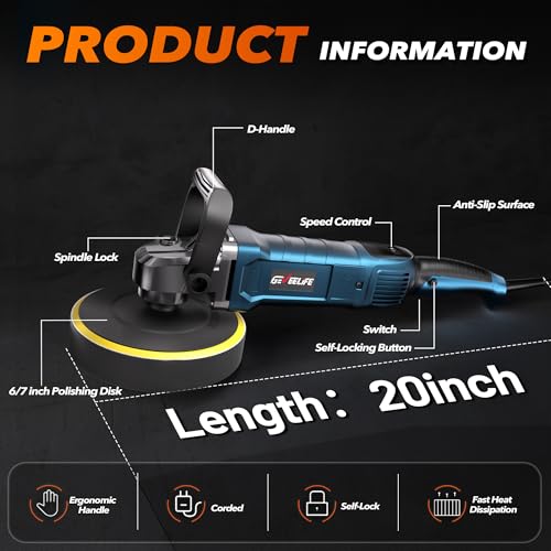 GEVEELIFE Buffer Polisher, 6 Inch/7 Inch 1600W Rotary Car Buffer Polisher Waxer, 7 Variable Speed 1000-3500 RPM, Detachable Handle for Car, Boat Sanding, Polishing, Waxing - color: Blue
