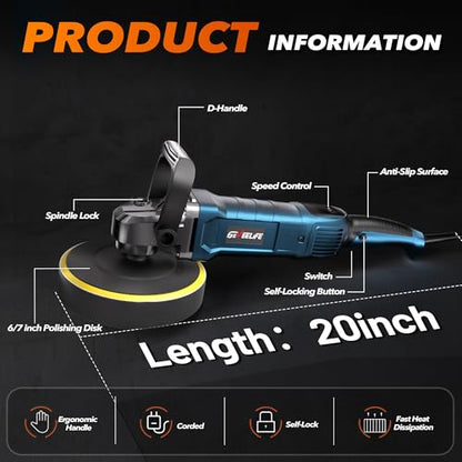 GEVEELIFE Buffer Polisher, 6 Inch/7 Inch 1600W Rotary Car Buffer Polisher Waxer, 7 Variable Speed 1000-3500 RPM, Detachable Handle for Car, Boat Sanding, Polishing, Waxing - color: Blue