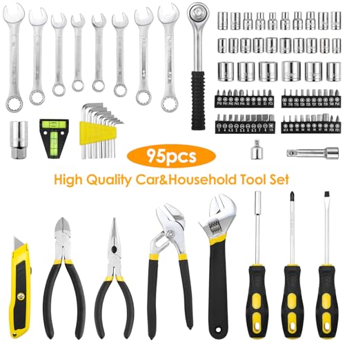 TLGREEN 95-Piece Mechanic Tool Set with Storage Case, Yellow | Car Tool Kit And Wrench Tool Set with Pliers, Sockets And Bits; Organized Case for Household Maintenance And Garage Repairs - color: Yellow