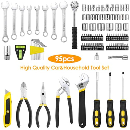 TLGREEN 95-Piece Mechanic Tool Set with Storage Case, Yellow | Car Tool Kit And Wrench Tool Set with Pliers, Sockets And Bits; Organized Case for Household Maintenance And Garage Repairs - color: Yellow
