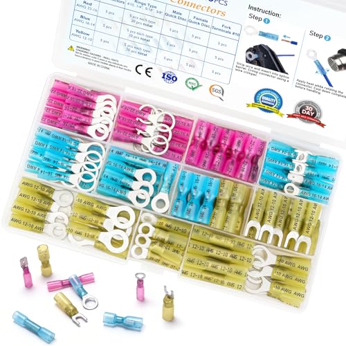 TICONN 120Pcs Heat Shrink Wire Connectors, Waterproof Automotive Marine Electrical Terminals Kit, Crimp Connector Assortment, Ring Fork Spade Butt Splices - style: 120PCS Combo