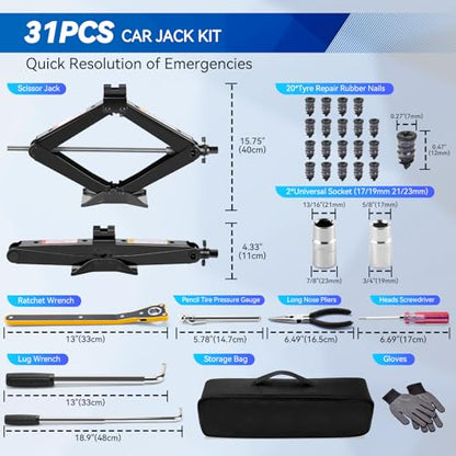 Car Jack Kit, 2 Ton (4409 lbs) Scissor Jack, Portable Tire Changing/Repairing Kit with Lug Wrench, Universal Fit for Sedans, Coupes, SUVs, MPVs, Hatchbacks, Crossovers, Wagons