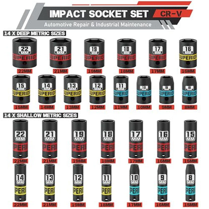 50 Piece 3/8" Drive Impact Socket Set, SAE (5/16"-3/4") and Metric (7 mm-19 mm), Deep & Shallow Sockets with Extension Bars, Adapters, Automotive Repair & Industrial Maintenance - size: 3/8" Metric & SAE