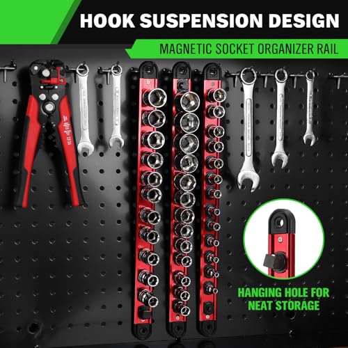 1/2-Inch Magnetic Socket Organizer Rail, Aluminum Alloy Socket Rail, Heavy Duty Sockets Holder with 12 Clips, 360° Swivel Clip Tool Tray, Sockets Organizer for Tool Box Drawer (Red) - style: Red 1/2-inch