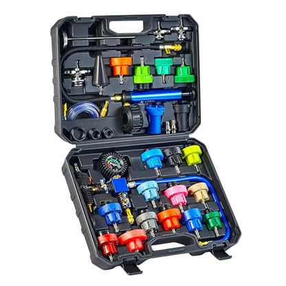 31PCS Coolant Pressure Tester Kit with 22 Radiator Adapters, Cooling System Leak Detector, Vacuum Pump, Vacuum Purge & Refill Tool, Water Tank Leak Test Detector Set for Car -Black