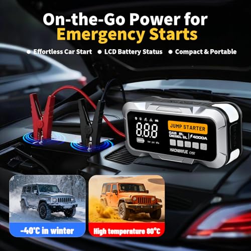 4000A Car Jump Starter with Air Compressor150PSI | Portable Car Battery Jump Starter, 12V Jump Box Battery Pack (8L Gas 6L Diesel Engine) with Boost, LEDLight and Jumper Cables - color: Sliver