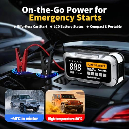 4000A Car Jump Starter with Air Compressor150PSI | Portable Car Battery Jump Starter, 12V Jump Box Battery Pack (8L Gas 6L Diesel Engine) with Boost, LEDLight and Jumper Cables - color: Sliver