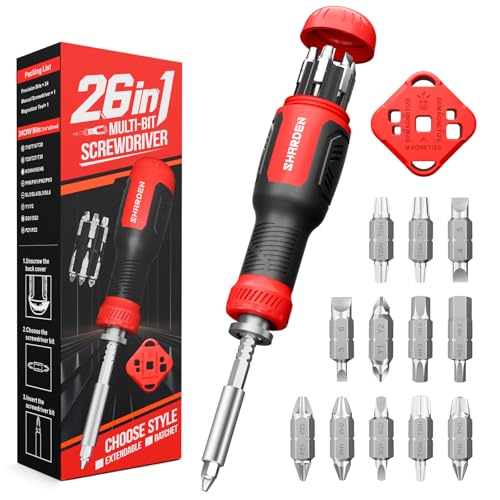 SHARDEN Multi Screwdriver 26 in 1 Screw Driver Set All in One Telescoping Multi Tool with 12 Double Ended CRV Bits Phillips Slotted Torx Hex Portable Repair Kit for Home Furniture Bike Computer - color: Red, size: Extendable-NonRatchet