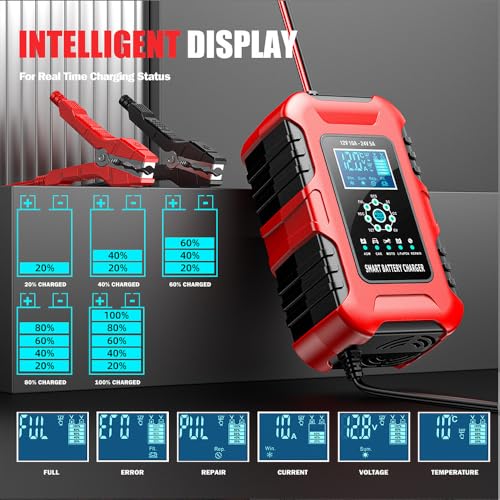Car Battery Charger, 0-10A Pulse Repair Charger, 12V 24V Smart Fully Automatic Trickle Charger, LiFePO4 Lead Acid Automotive Battery Maintainer Desulfator for Car Truck Motorcycle Lawn Mower ATV Boat - color: 3) -10Amp/12V 24V