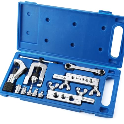 Thorstone 45 Degrees Single Flaring Tool & Swaging Tool Kit for HVAC Tubing | Includes tubing cutter and ratchet wrench for copper pipe and automotive brake lines, Blue - size: Single Flaring & Swaging Tool