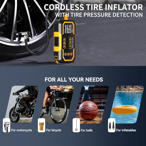 LEOWIN Jump Starter with Air Compressor Portable, Yellow | 4500A 12V Car Battery Jumper Starter (9.0 Gas/6.5L Diesel) with 150PSI Tire Inflator, with Smart Jumper Cables, LED Light - color: Yellow