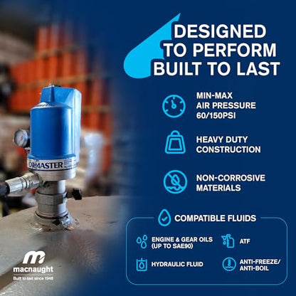 Macnaught Ratio 5:1 Air Operated Pneumatic Oil Transfer Pump. Engine and gear oils up to SAE140, auto trans, hydraulic fluid and anti-freeze/anti-boil (NOT for Gasoline or Diesel)