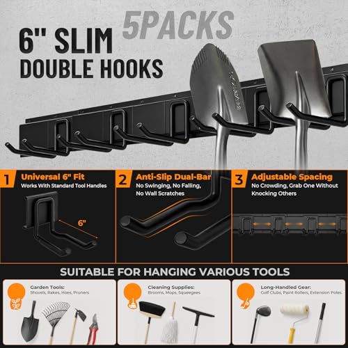 99" Heavy Duty Garage Tool Organizer Wall Mount, Steel Garage Storage Rack Holds up to 900 lbs with Adjustable Hooks, Wall Mounted Tool Organizer for Garage, Shed & Yard, 6 Panels, 13 Hooks & 2 Straps - size: 99"|6 Panels+13 Hooks+2 Straps