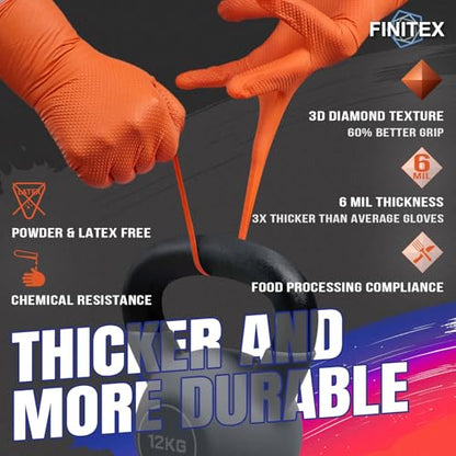 FINITEX Industrial Diamond Texture Nitrile Orange Glove - 100/1000PCS Chemical Resistant 6.3mil Mechanic Disposable Gloves - color: Orange (X-large 100)