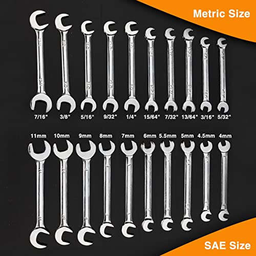 Mini Double Open End Wrench Set Metric and SAE 20 Pcs 4-11mm & 5/32" to 7/16" Mirror Chrome Finish Super Thin Open Ended Spanner Double Angle Head with Portable Storage Pouches - style: Metric & SAE (Double Open End)