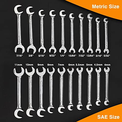 Mini Double Open End Wrench Set Metric and SAE 20 Pcs 4-11mm & 5/32" to 7/16" Mirror Chrome Finish Super Thin Open Ended Spanner Double Angle Head with Portable Storage Pouches - style: Metric & SAE (Double Open End)