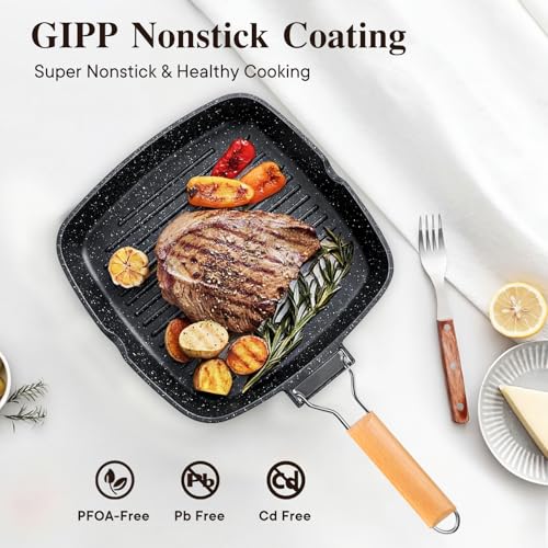 GiPP Nonstick Grill Pan with Folding Handle,Square Grill Skillet, Grilling Pan with Pour Spouts, Versatile Griddle Steak Pan for All Stove,PFOA Free,11 Inch - size: 11"*11"