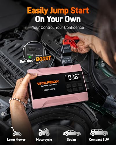 WOLFBOX 2000A Jump Starter with Air Compressor, 37Wh Car Battery Booster Jumper Starter Portable(up to 5L Gas Engine), 12V Jump Box Pack with 150PSI Tire Inflator, Jumper Cables, LED Light — Rose Gold - color: Rose Gold