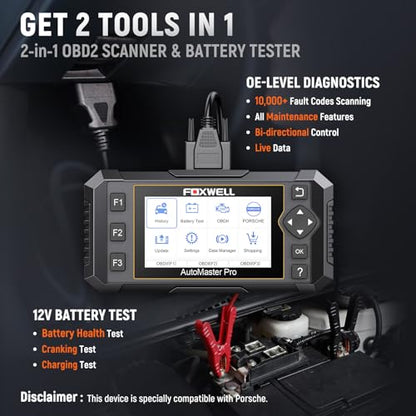 FOXWELL NT510 Pro OBD2 Scanner fit for Porsche, 2-in-1 Diagnostic Tool & 12V Battery Tester, Full System Bi-Directional Control Code Reader with All Resets, Oil Reset & Battery Registration Tool