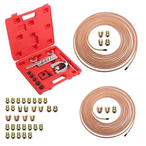 25Ft 1/4" & 3/16" Brake Line Kit,Single & Double Brake Line Flaring Tool Kit with 32 Inverted Fittings/Tube Cutter/5 Adapters,Professional Brakes Lines Repair Kits