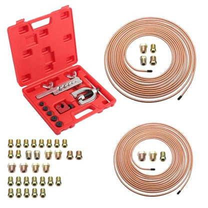 25Ft 1/4" & 3/16" Brake Line Kit,Single & Double Brake Line Flaring Tool Kit with 32 Inverted Fittings/Tube Cutter/5 Adapters,Professional Brakes Lines Repair Kits