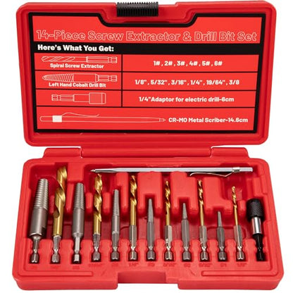 14PCS Spiral Screw Extractor Set with Tungsten Carbide Tip Scriber Pen - 6542/4341 HSS Steel Cobalt Left Hand Drill Bits Set - 1/4'' Adapter - Removing Stripped Screws Bolts - size: 14Pcs
