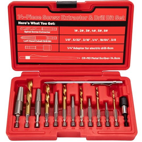 14PCS Spiral Screw Extractor Set with Tungsten Carbide Tip Scriber Pen - 6542/4341 HSS Steel Cobalt Left Hand Drill Bits Set - 1/4'' Adapter - Removing Stripped Screws Bolts - size: 14Pcs
