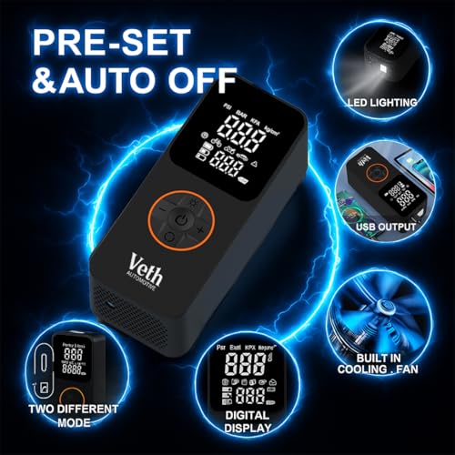 VT05 Portable Tire Inflator, 150 PSI Cordless Air Pump | 2500mAh, Triple Battery, Auto Shut-Off, LED Display, USB-C Out, for Car Motorcycle Bike Balls, Inflates in 1 Min