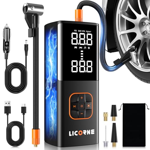 LICORNE Tire Inflator 5x 180 PSI cordless inflator with digital pressure | Powerful inflation with no need for an external power source, wireless operation, a precise LCD, and a portable design - color: Black