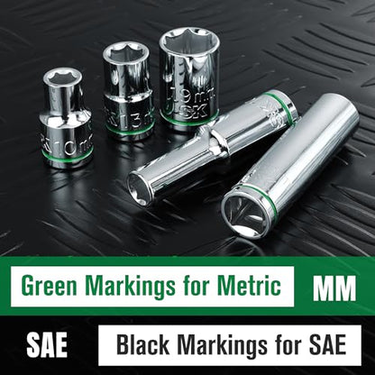 SK 1/2" Drive Socket Set, Deep Metric Sockets, 11-Piece 10-20mm | SuperKrome Finish, Premium CR-V Steel, with Aluminum Socket Organizer - size: Deep, style: Metric