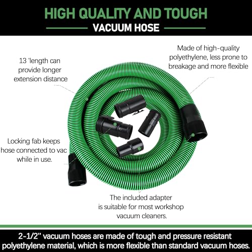 Upgraded 13ft 1-7/8-inch Wet/Dry Shop Vacuum Hose hose with 2-1/2" adapters om each end & 6 Replace Accessories - Green (WS25021A), For Most WORKSHOP Vacs