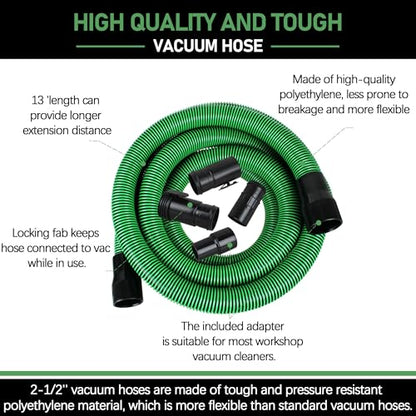 Upgraded 13ft 1-7/8-inch Wet/Dry Shop Vacuum Hose hose with 2-1/2" adapters om each end & 6 Replace Accessories - Green (WS25021A), For Most WORKSHOP Vacs