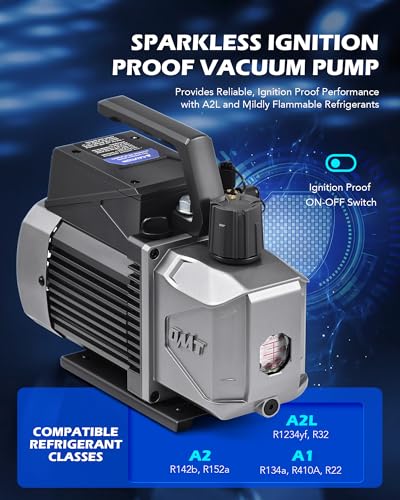 Orion Motor Tech A2L AC Vacuum Pump and Gauge Set, for R1234yf R32 R134a R410A Systems with 3.5 cfm Sparkless Ignition Proof Vacuum Pump, 3 Way AC Gauges Quick Couplers Can Taps Hoses Thermometer - size: 3.5 CFM A2L&R1234yf R32 R134a R410A